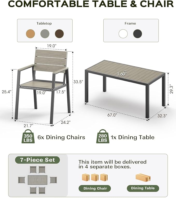 Outdoor Dining Chairs Set of 2, HDPS + Aluminum Patio Dining Chairs with Ergonomic Design and Wide Seat, 2 Piece Outdoor Chairs for Garden, Backyard, Deck (Gray)