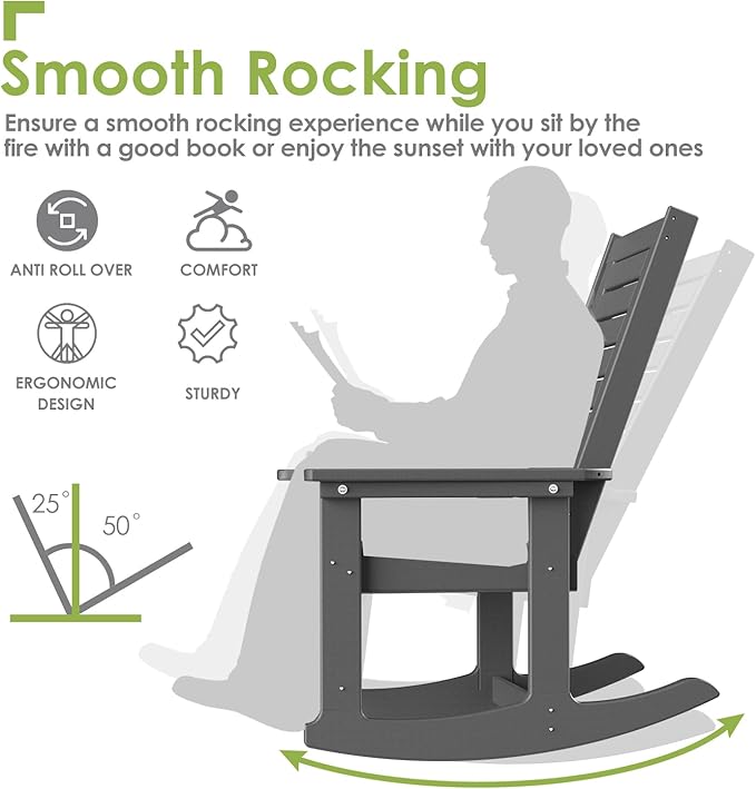 GREENVINES Outdoor Rocking Chairs | Set of 4 | Porch Rocker | HDPE Plastic | Grey | Oversized Rockers | High Back | Big & Tall | Ladder Back | for Patio Outside Backyard Balcony Garden