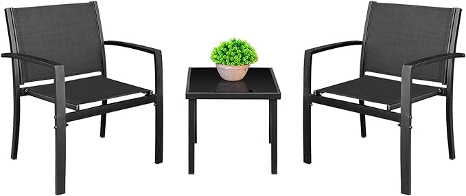 Homall 3 Pieces Patio Furniture Set Outdoor Patio Conversation Textilene Bistro Set Modern Porch Lawn Chairs with Coffee Table for Home and Balcony (Black)