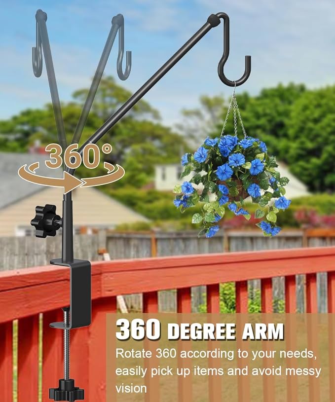20 Inch Extended Reach Deck Hook Hanger for Railing, Heavy Duty Outdoor Plant Hook Holder for Hanging Bird Feeder Pole Deck Hanger Flower Basket Planter or Lanterns, Wind Chimes, 1 Pack