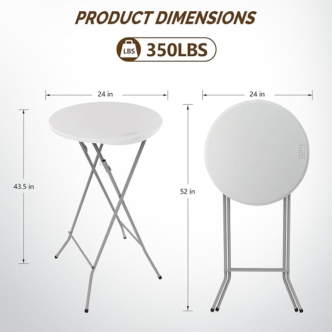 VINGLI 24" Plastic Folding Round Table Bar Height, HDPE Matrial with Gray Metal Finish, High Top Table for Outdoor Party, Cafes, Restaurants, Backyard, Dining Room, Wedding Event,1 Pack, White