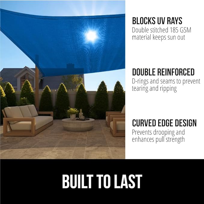 GORILLA GRIP Heavy Duty Sun Shade, UV Protection Fade Tear and Rust Resistant Rectangle Sunshade Canopy, Curved Edges Blocks Sunlight, Breathable Sail, Outdoor Patio, Lawn Garden 12x12 FT Blue