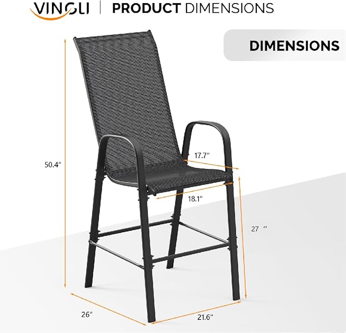 VINGLI Outdoor Bar Chairs Set of 8 – Stackable Outdoor Bar Stools with Sturdy Sling High Back and Armrests for Lawn, Courtyard, Garden, Bar, Black
