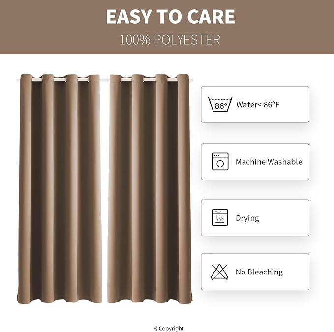 Waterproof Outdoor Curtain W52 x L63 - Grommet Top Sunlight Blocking Window Treatment Drapes Blackout Curtains for Home Bedroom Living Room Outdoor Patio Porch Pergola (Camel Brown, 2 Panels)