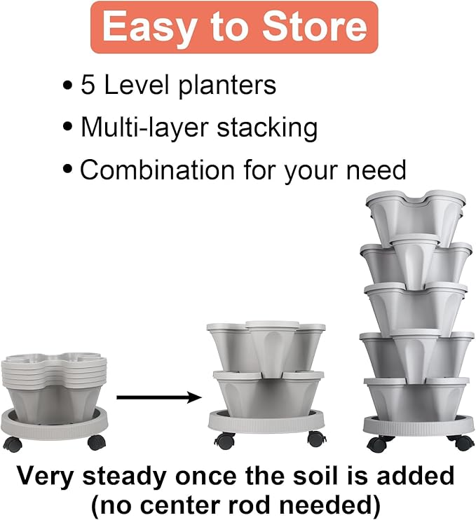 GameXcel Vertical Planter 7 Tier Stackable Planters Garden Planters Strawberry Herb Flower and Vegetable Planter Indoor Outdoor Gardening Pots with Removable Wheels and Tools 2-Pack
