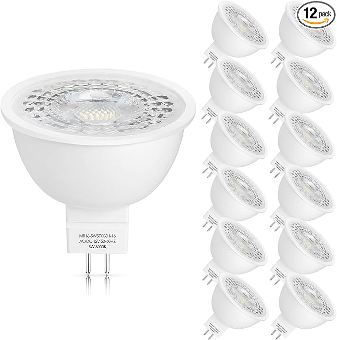 Mlambert 12 Pack MR16 LED Bulbs 50W Halogen Equivalent,6000K Cool Whitee,5W GU5.3 MR16 12V Spotlight Bulb,Non-Dimmable,45° Beam Angle for Landscape, Recessed