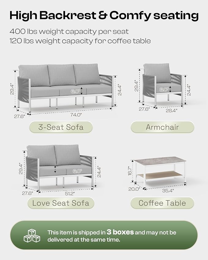 Aluminum Outdoor Patio Furniture Set with Dual-Layer Coffee Table, 4 Piece Modern Patio Conversation Sets with PE Rope, Outdoor Sectional Sofa with Thick Cushions for Balcony, Deck, Silver
