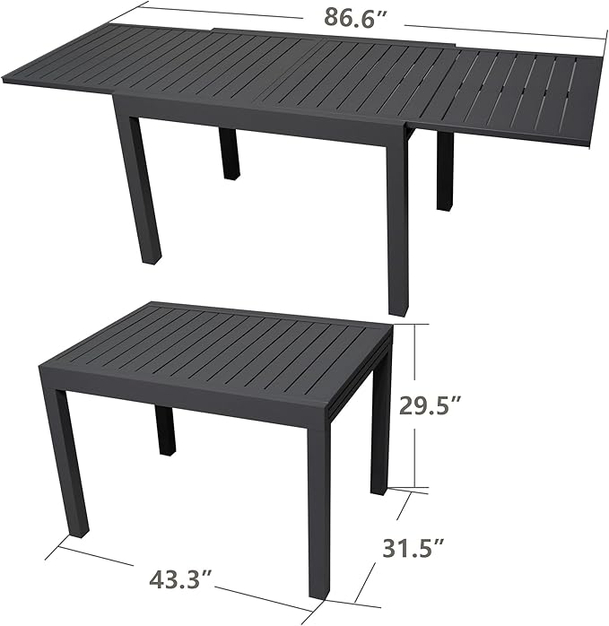 Kozyard 7 Piece Outdoor Patio Dining Set for 6 Person, 6 Pack Foldable Deck Chairs, 43"- 86" Villa Expandable Patio Dining Table Adjustable for Backyard, Porch, Deck, Garden