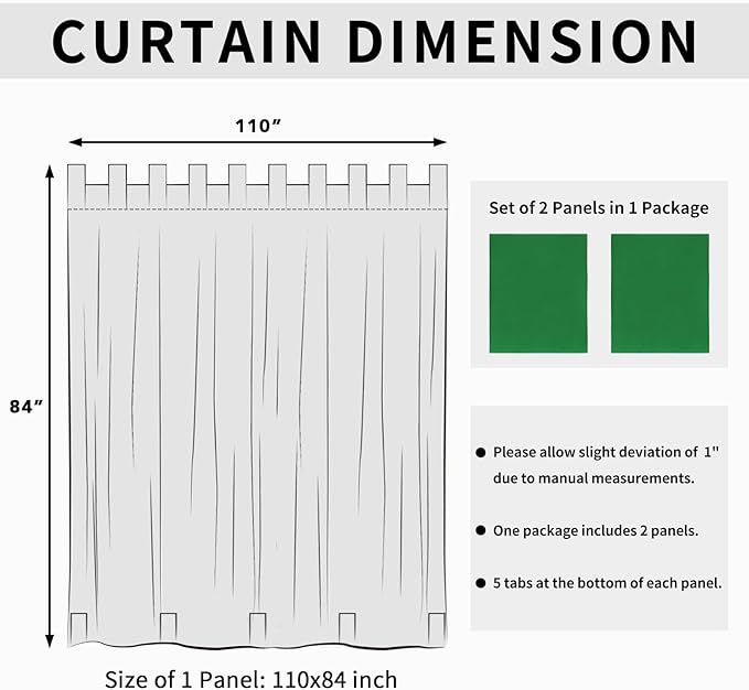 Easy-Going Outdoor Patio Curtains Detachable Tab Top Windproof Weatherproof Curtain for Cabana, Porch, Pergola and Gazebo, Tab Bottom Drape, 2 Panels, 110W x 84L inch, Green