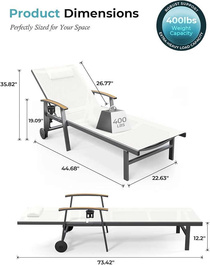 Ciokea Outdoor Lounge Chair with Pillow Set of 2, 5-Position Aluminum Chaise Lounge with Wheels & Armrests, 400 lbs Heavy Duty Patio Pool Chair for Backyard, Deck, Beach & Poolside, White