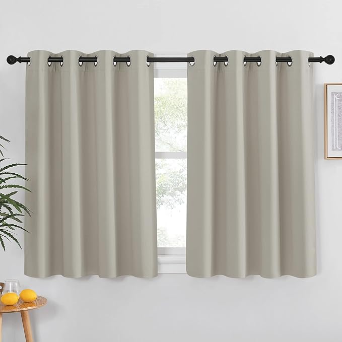 NICETOWN Blackout Kitchen Curtains 45 inch Length - Grommet Thermal Insulated Solid Vertical Drapes Room Darkening Sound Reducing for Bedroom, Natural, 1 Panel, W52 x L45