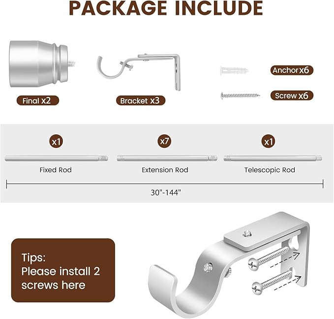 1” Diameter Curtain Rods Itself is 30 to144 inch 1 Pack Fit 30-142 inch, 66 to 120 inch Window with Heavy Duty Adjustable Rod Curtain Splicing Silver Extra Long Curtain Rod for Windows