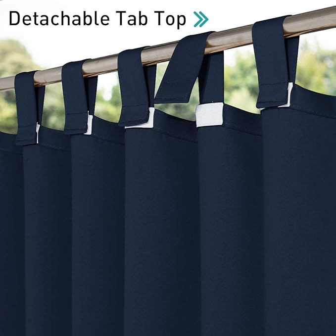 NICETOWN 2 Panels Exterior Blackout Outdoor Curtainss for Patio Waterproof, Thermal Insulated Self-Sticky Tab Top Durable Outside Vertical Blinds for Yard Party/Porch, Navy Blue, W52 x L95