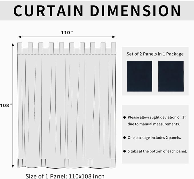 Easy-Going Outdoor Patio Curtains Detachable Tab Top Windproof Weatherproof Curtain for Cabana, Porch, Pergola and Gazebo, Tab Bottom Drape, 2 Panels, 110W x 108L inch, Navy