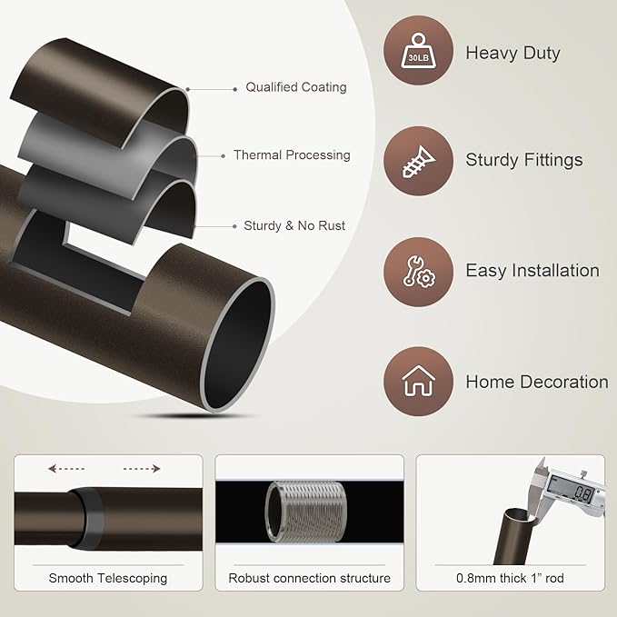 2 Pack Modern Antique Brown Bronze Curtain Rods for Windows 48 to 88 Inches Adjustable Heavy Duty 1" Diameter Window Rod with Decorative Finials for Outdoor Farmhouse Bedroom Kitchen Living Room