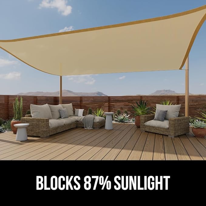 GORILLA GRIP Heavy Duty Sun Shade, UV Protection Fade Tear and Rust Resistant Rectangle Sunshade Canopy, Curved Edges Blocks Sunlight, Breathable Sail, Outdoor Patio, Lawn Garden, 8x10 FT Sand