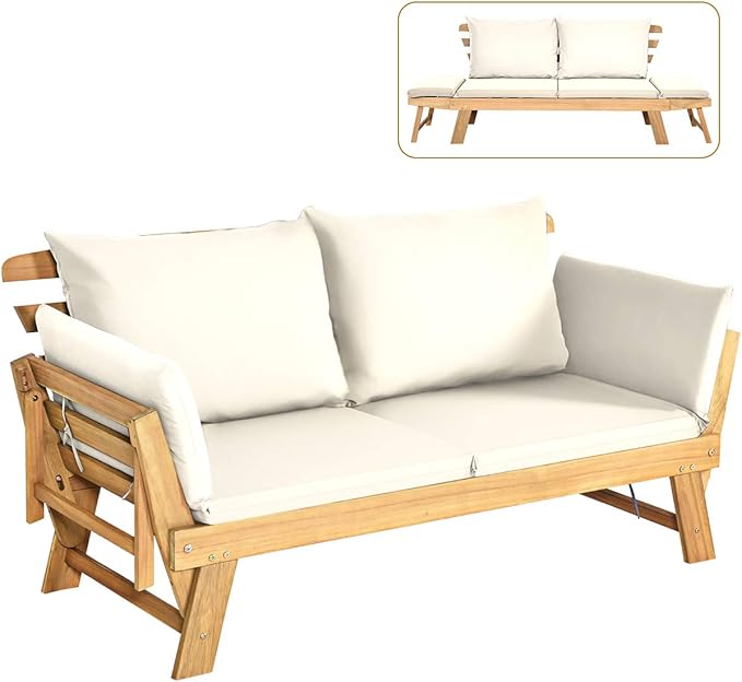Tangkula Convertible Acacia Wood Patio Couch Sofa Bed with Adjustable Armrest, Outdoor Daybed with Cushion & Pillows, Outside Folding Futon Sofa Couch Bench for Porch, Courtyard, Poolside & Garden