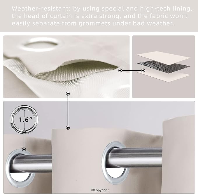 DIVA EN CAMINO DEC Outdoor Patio Curtain Waterproof Darkening Thermal Insulated Indoor Curtains for Bedroom, Porch, Living Room, Pergola, Cabana, W84 x L95, Cream, Set of 2 Panels