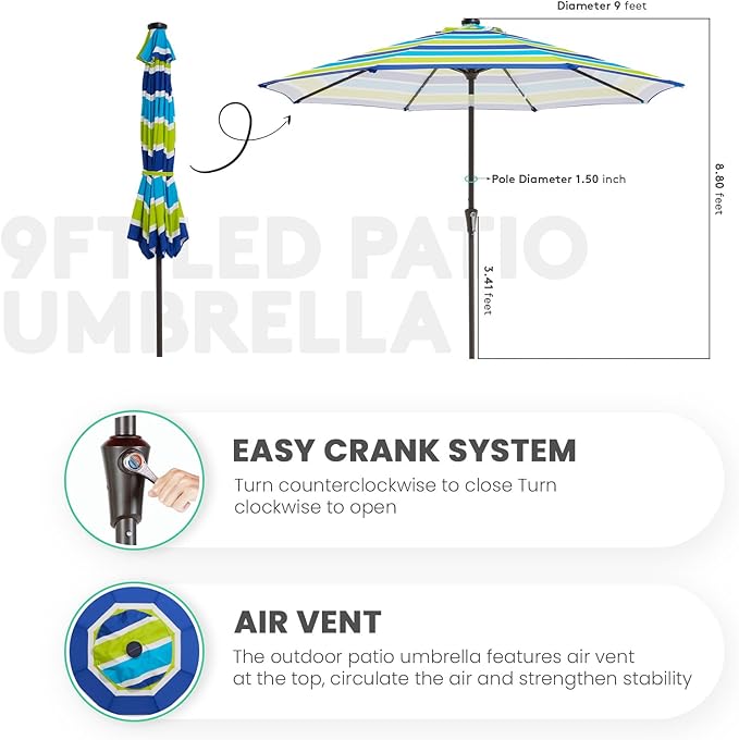 JEAREY 9FT Outdoor Patio Umbrella with Solar Lights, LED Lighted Pool Umbrella with Tilt and Crank, Outdoor Table Umbrellas for Deck, Yard & Market (Blue Green Striped)