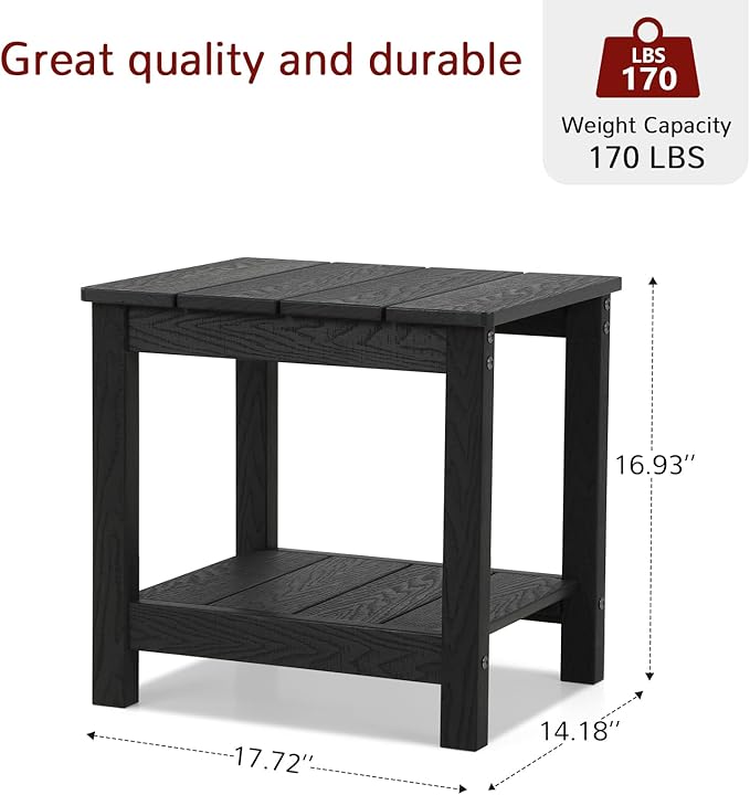 Stoog Outdoor Side Table with 2 Layer Storage, All-Weather Rectangular End Table, Low Maintenance, Black