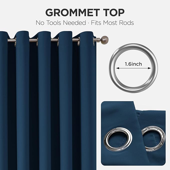 Joydeco Blackout Patio Sliding Door Curtains 90 Inches Long, Grommet Privacy Room Divider Curtains, Extra Wide Thermal Blackout Drapes for Bedroom Living Room (Navy Blue, 100Wx90L, 1 Panel)