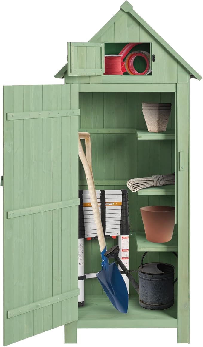 Outvita Outdoor Storage Cabinet, 70in Wooden Vertical Garden Tools Shed, Patio Storage Organizer with Latch & Waterproof Roof for Yard Deck Lawn Farmland Equipment(Green)