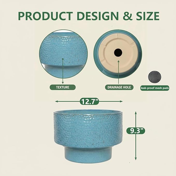 Ceramic Planters 13 Inch, Honeycomb Ceramic Pots for Plants Indoor Outdoor, Round Plant Pot with Drainage Hole, Large Planter Flower Pot, Reactive Glaze Blue