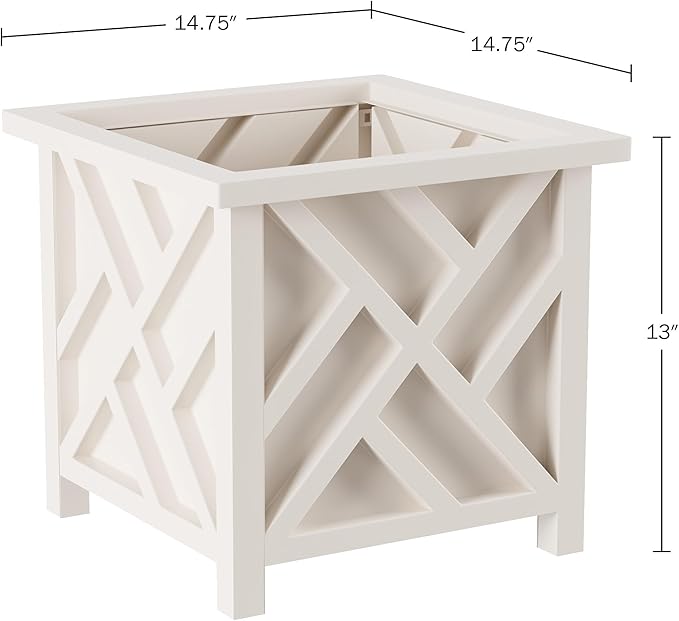 Lattice Design Outdoor Planter Box - 14.75” Square 13” Tall White Plant Pot - Decorative Plant Pots for Front Porch Decor - Flower Pots Outdoor Planters for Porch Patio or Garden Decor by Pure Garden