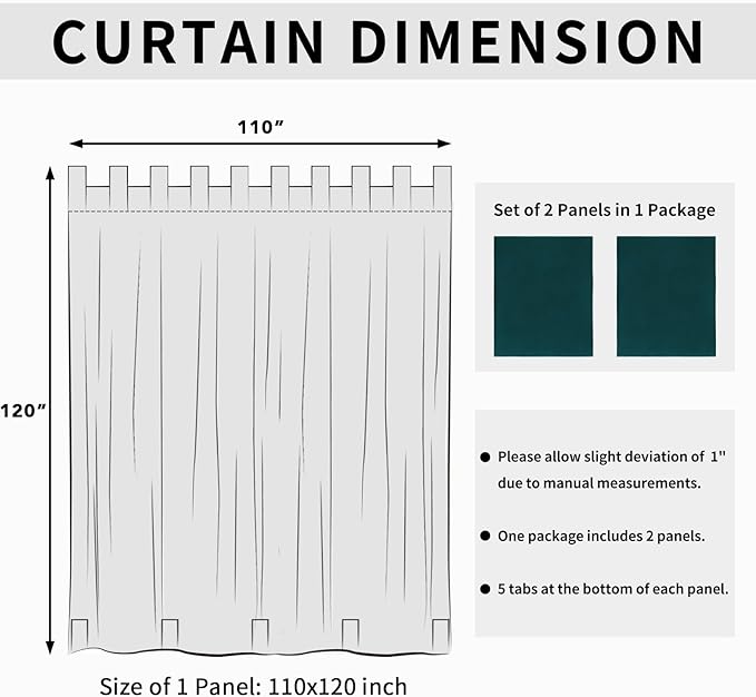 Easy-Going Outdoor Patio Curtains Detachable Tab Top Windproof Weatherproof Curtain for Cabana, Porch, Pergola and Gazebo, Tab Bottom Drape, 2 Panels, 110W x 120L inch, Teal