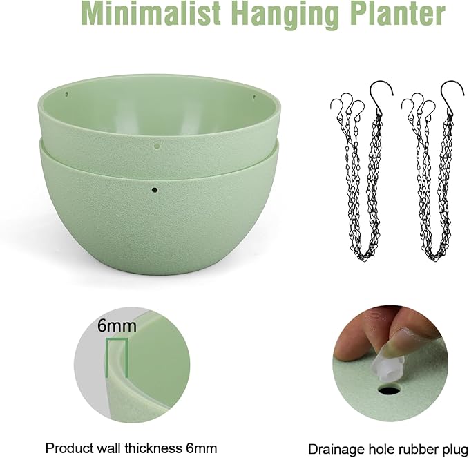 12 inch Large Hanging Planters Plant Pots for Indoor Outdoor Plants, 2 Pack Hanging Flower Pots with Drainage Holes and Chain for Garden Porch, Plastic Hanging Baskets for House Plants, Green