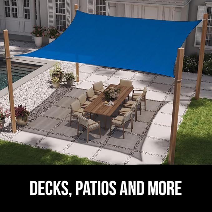 GORILLA GRIP Heavy Duty Sun Shade, UV Protection Fade Tear and Rust Resistant Rectangle Sunshade Canopy, Curved Edges Blocks Sunlight, Breathable Sail, Outdoor Patio, Lawn Garden 12x12 FT Blue