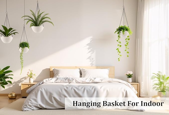 Hanging Planters for Indoor Outdoor Plants 8 and 10 Inch, 4 Packs Hanging Flower Pot with Drainage Holes, Self-Watering Hanging Basket Perfect for Home, Office and Garden, White