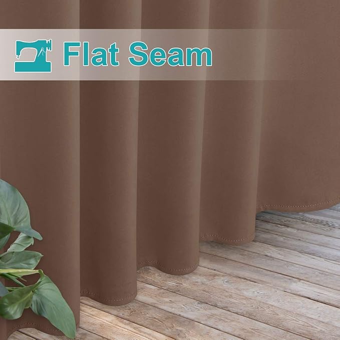 NICETOWN 2 Pieces Outdoor Curtainss for Patio Waterproof Sticky Tab Top, 84 x L108 Extra Wide and Long Blackout Door Blinds Safe Public Dividers Thermal Insulated for Pavilion/Pergola, Tan