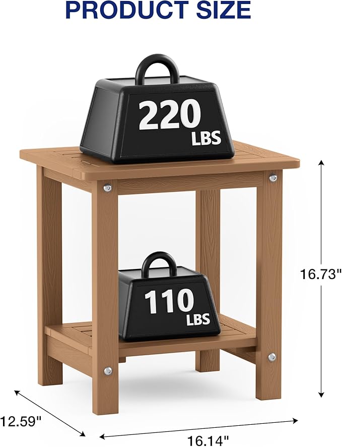 YEFU Outdoor Side Table for Patio: 16" HIPS Weather - Resistant Adirondack Tables - Waterproof Small Square End Tables for Backyard Pool Porch Balcony - Indoor Outdoor Double Layer Table Teak