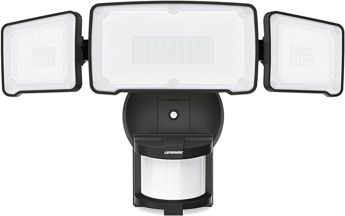 LEPOWER LED Motion Sensor Security Lights, 3 Head Motion Detected, 38W, 4200LM, Waterproof IP65, 5500K, Full Metal for Outdoor, Garage, Porch, Yard (Black)