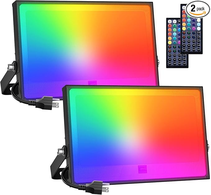 Onforu 2 Pack RGBW LED Flood Light 800W Equivalent, 100W Color Changing Floodlight with 44 Keys Remote, 2700K Warm White IP66 Waterproof Spot Lights Outdoor, Uplights for Stage, Party