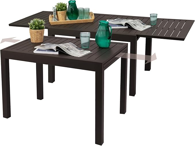 Kozyard Villa Expandable Patio Dining Table - Adjustable, Aluminum Outdoor Furniture for 4-6 Person, Perfect for Backyard, Porch, Deck, Garden - Brown, 43"- 86"