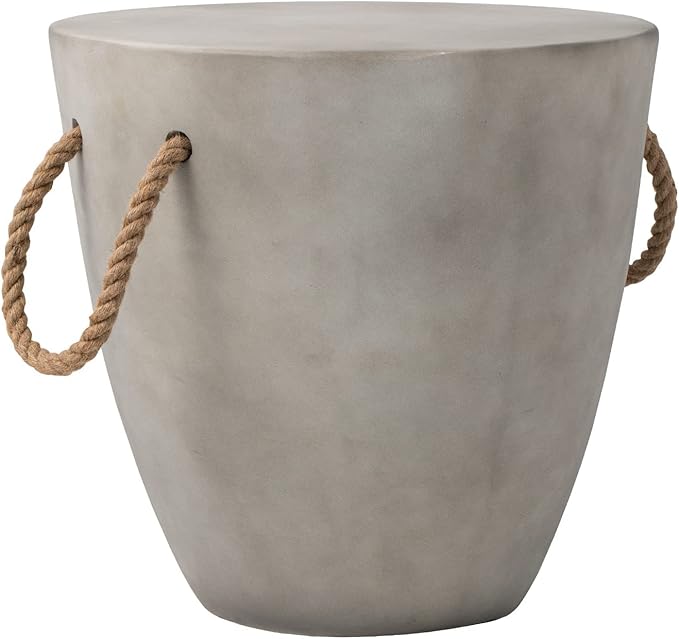 COSIEST Outdoor Shaped Side Table with Concrete Top & Hemp Rope Handles, 17'' Patio Accent Table for Garden