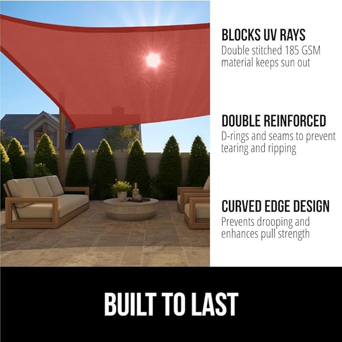 GORILLA GRIP Heavy Duty Sun Shade, UV Protection Fade Tear and Rust Resistant Rectangle Sunshade Canopy, Curved Edges Blocks Sunlight, Breathable Sail, Outdoor Patio, Lawn Garden, 12x16 FT Terra