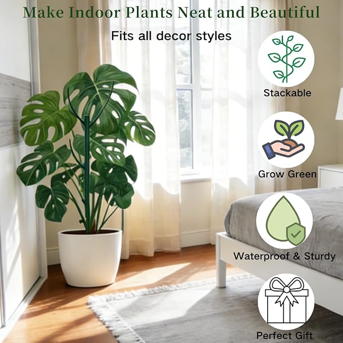 4 Pack Stackable Monstera Plant Support Stakes, 29inch Climbing Plant Sticks Structures with Garden Ties, Durable Alternative to Moss Pole for Indoor Outdoor Plants