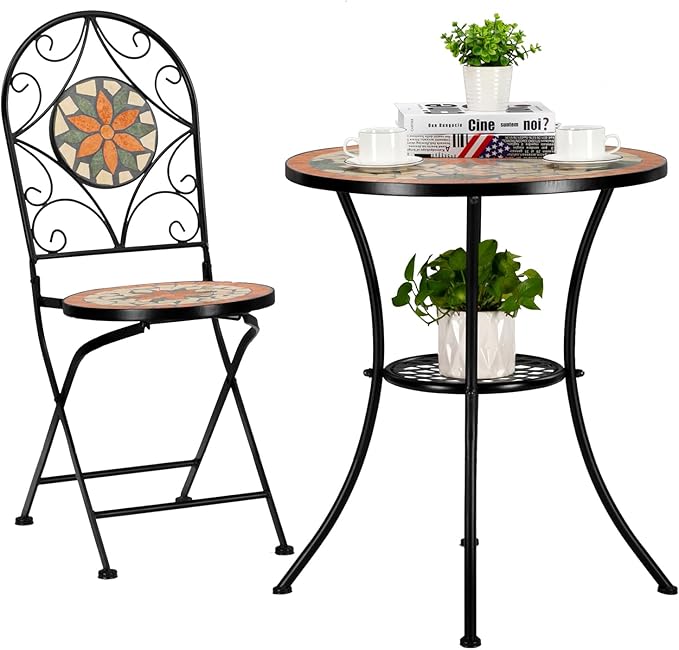 VINGLI Garden Patio Mosaic Table, Outdoor Bistro, Black Iron Frame, 23.6" Round End Table, Accent Table (Does not Include Chairs)