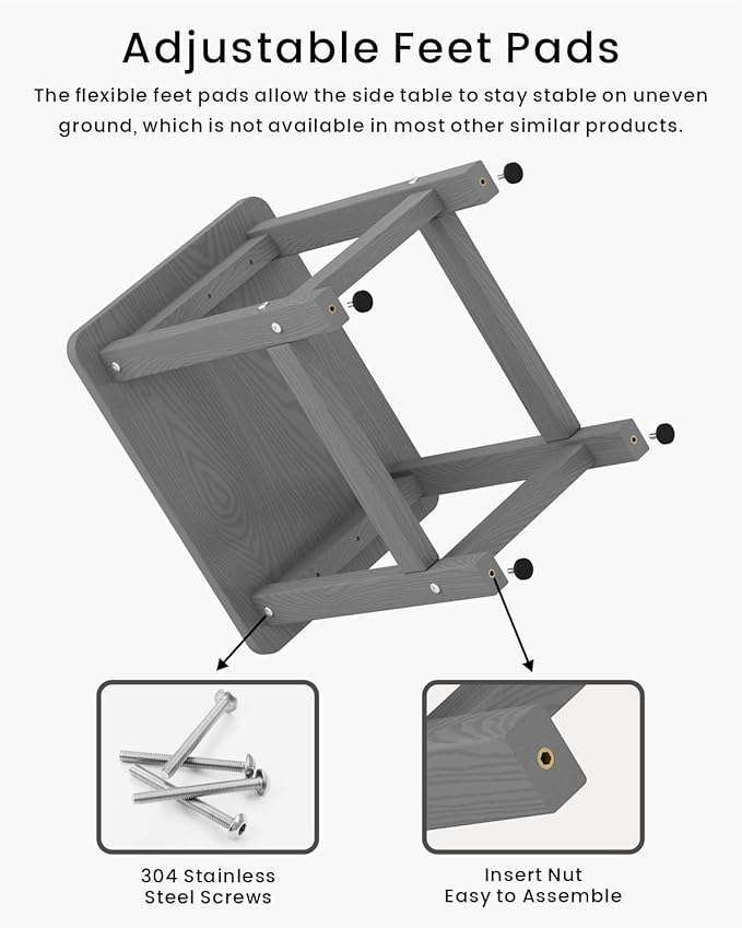 Weatherproof Outdoor Side Table, HDPE Small Outdoor Table for Adirondack, 16.6-Inch Patio Square End Tables for Garden, Backyard, Porch, Deck, Balcony, Poolside (Grey)