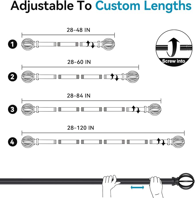 Black Curtain Rods for Windows 28 to 48 Inch, 2 Pack 5/8" Diameter Heavy Duty Metal Adjustable Small Drapery Rod With Bracket
