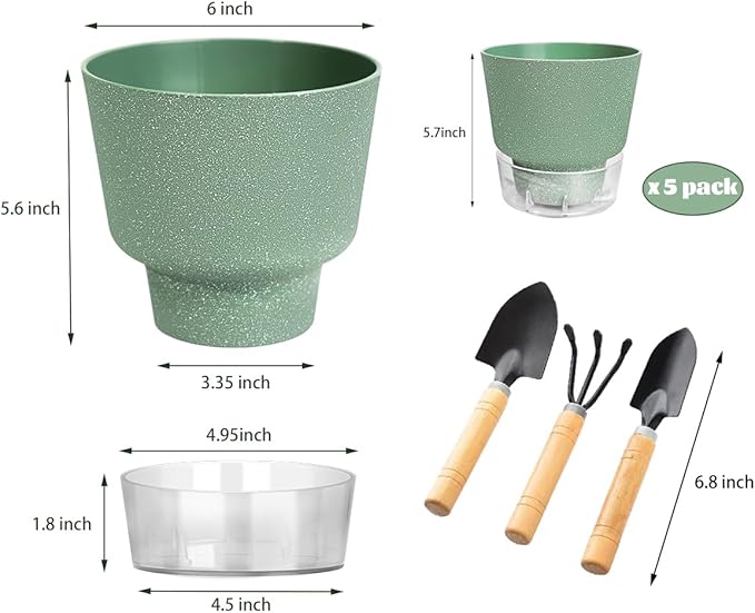 2024 Upgraded 5 Pack 6-Inch Self-Watering Planter Pots with Deep Reservoir for Indoor and Outdoor Plants with Planting Tools (Frosted Black)