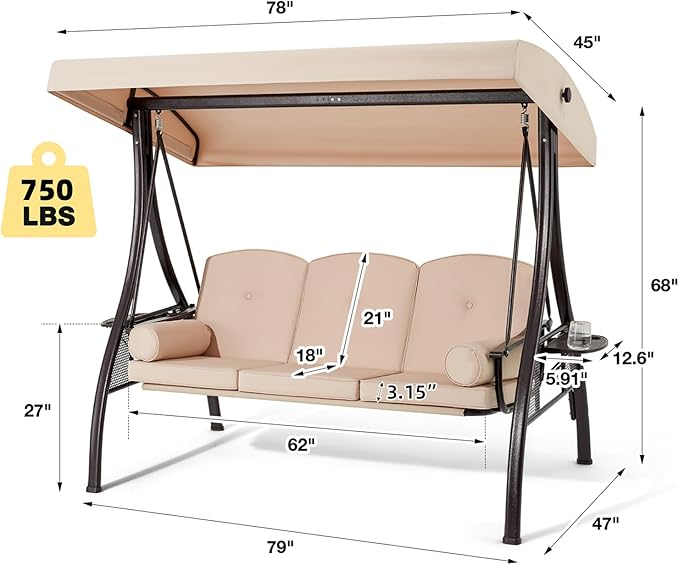 HOMREST 3 Person Outdoor Porch Swing with 1.5" Upgraded Cup Holder, Adjustable Canopy, Backrest, Patio Swing Bed with Weather Resistant Steel Frame, Cushions for Garden,Deck and Poolside(Khaki)