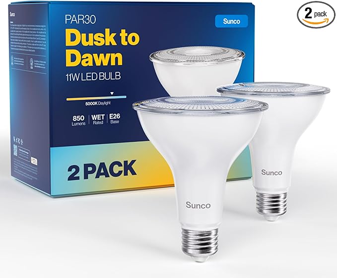 Sunco 2 Pack PAR30 LED Dusk to Dawn Light Bulbs, 850 Lumens, 11W, 5000K Daylight, Non-Dimmable, E26, Wet Rated Outdoor Flood Light Bulb with Photocell Sensor, for Porch, Patio, Backyard, UL
