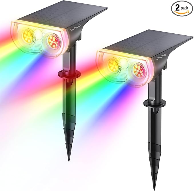 Linkind Solar Lights Outdoor Waterproof IP65, StarRay RGB Solar Spot Lights Outdoor, Color Changing Outdoor Solar Lights for Yard, Garden, Pathway, St. Patrick's Day (Multicolor, 2 Pack)