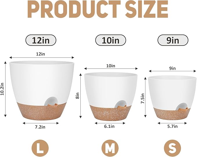 12" 10" 9" Large Self Watering Plant Pots, 3 Pack Flower Pots Planters with Multi Mesh Drainage Holes for Indoor Outdoor Garden Plants and Flowers
