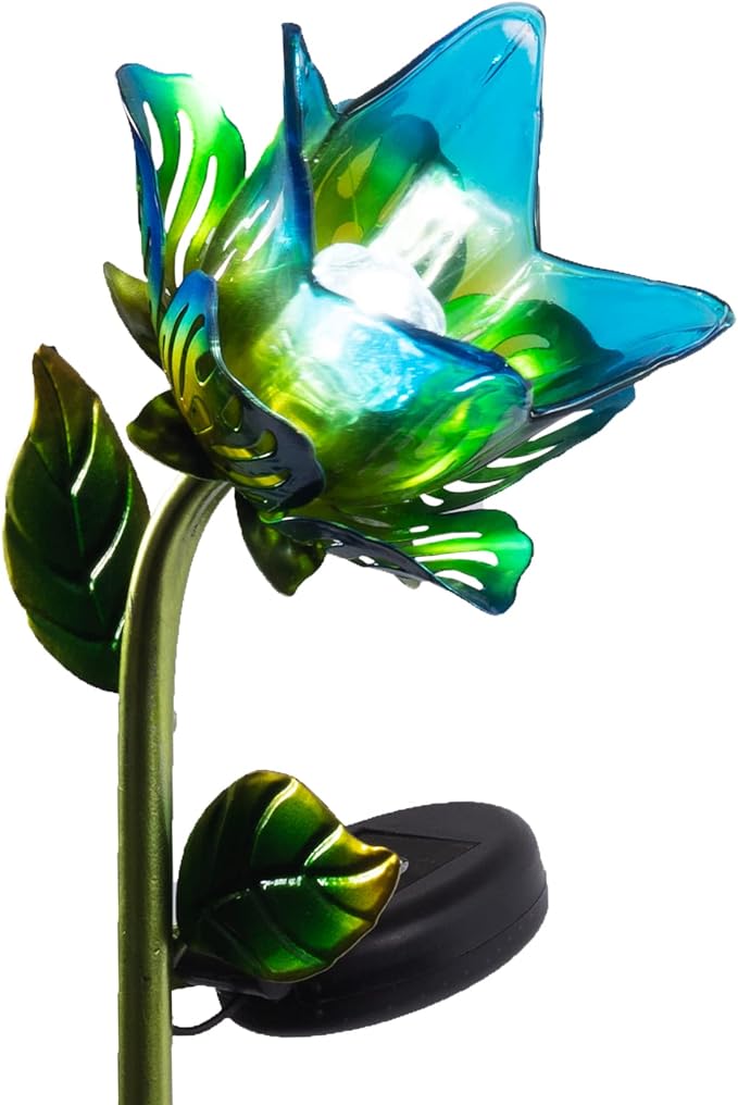 Crosslight Glass Flower Solar LED Waterproof Outdoor Garden Stake - Decorative Electronic Light Garden Decor for Yard, Lawn, Patio, Deck, Pathway, Pond, Backyard (Blue)