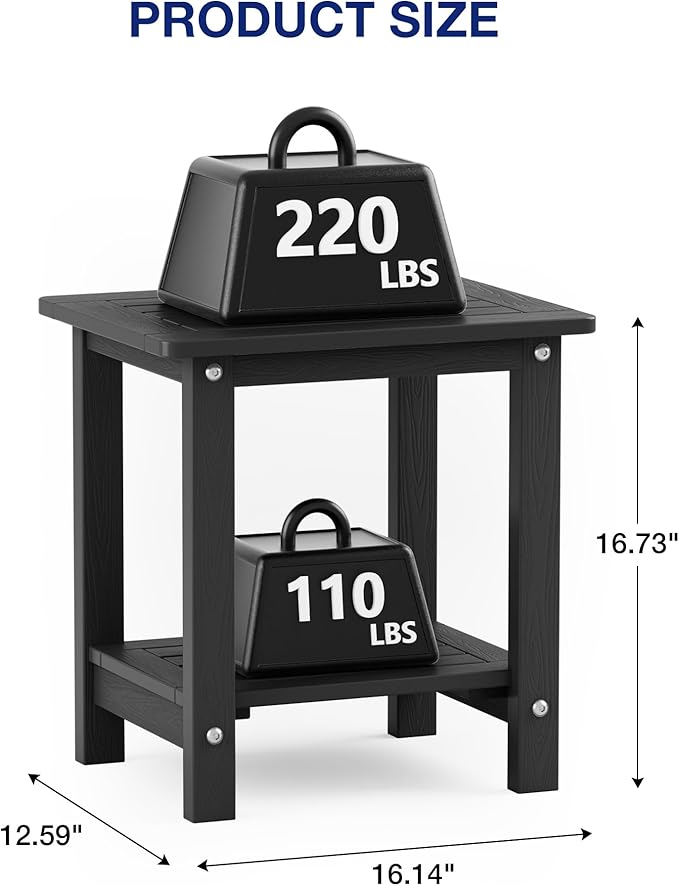 YEFU Outdoor Side Table for Patio: 16" HIPS Weather - Resistant Adirondack Tables - Waterproof Small Square End Tables for Backyard Pool Porch Balcony - Indoor Outdoor Double Layer Table Black